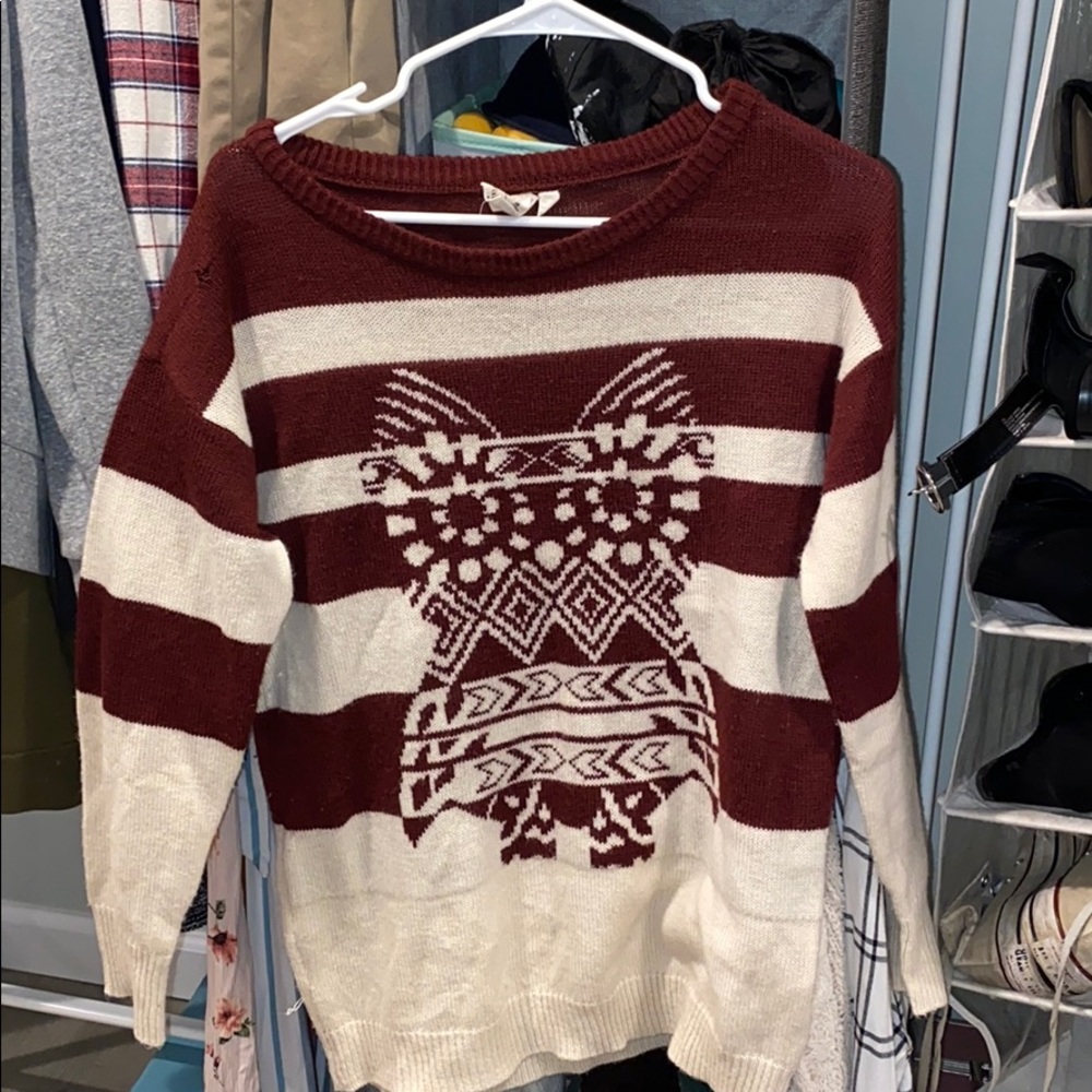 maroon and cream knit sweater with owl :))